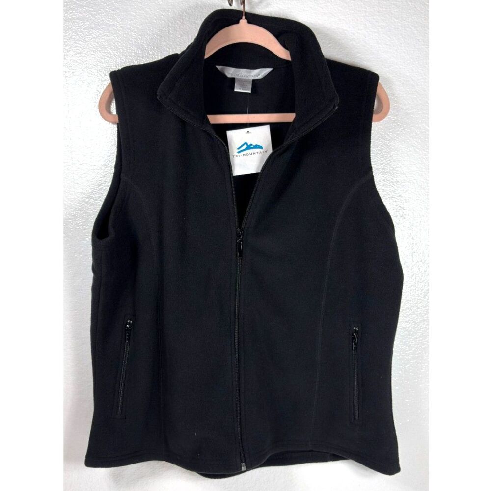 Tri Mountain Fleece Vest Womens Large Black Zipper Pockets New